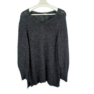 J Jill Tweed Tunic Sweater Women XL Black White V Neck Long Sleeves Cotton Blend